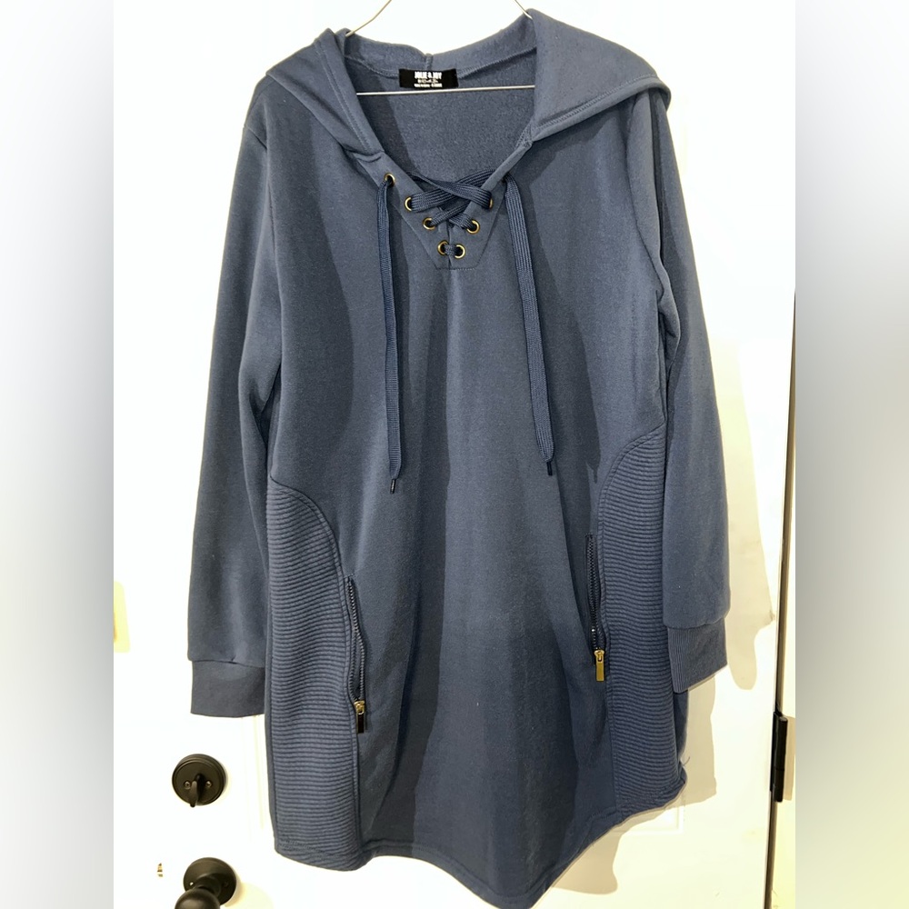 Blue Lace-Up Hoodie Dress